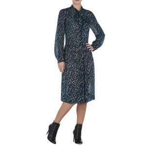 BCBGMaxazria Teal & Gold Dot Stacy Drop Waist Tie Neck Cocktail Dress, size XS